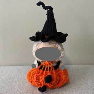 Handmade Crochet Halloween Orange Black Witch Outfit for 17cm Doll 2-Piece Set